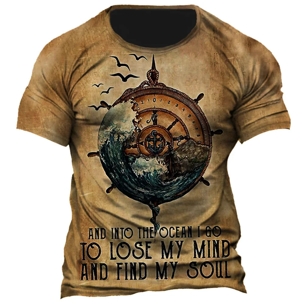 Vintage Men's T-shirt Summer American Shirt Tops Compass Printed Short-sleeve Tees Loose Daily Men Clothing Casual Streetwear