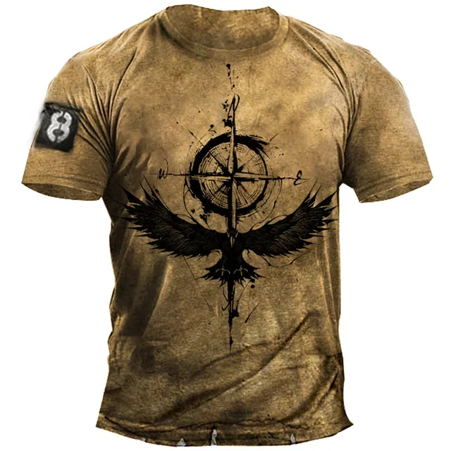 Vintage Men's T-shirt Summer American Shirt Tops Compass Printed Short-sleeve Tees Loose Daily Men Clothing Casual Streetwear
