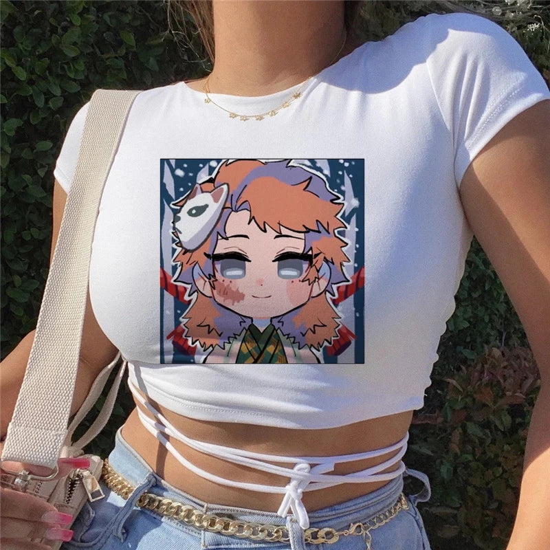 Demon Slayer Anime Prints T-Shirt For Female Loose Tee Shirts Breathable Hip Hop Tops Personality Summer Bandage Y2K T Shirts