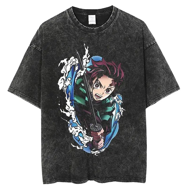 Demon Slayer Ghost Slayer Evil Blade Original Blade Washed Old Loose Cotton 2025 Hot Summer T-Shirt Men's and Women's T-Shirt