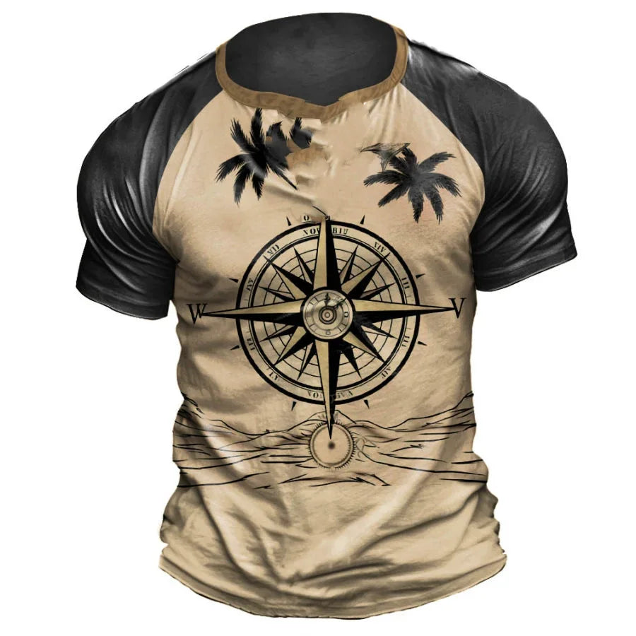 Vintage Men's T-shirt Summer American Shirt Tops Compass Printed Short-sleeve Tees Loose Daily Men Clothing Casual Streetwear
