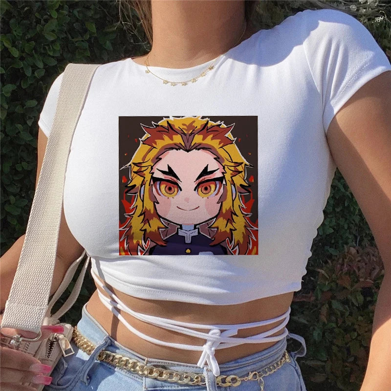Demon Slayer Anime Prints T-Shirt For Female Loose Tee Shirts Breathable Hip Hop Tops Personality Summer Bandage Y2K T Shirts