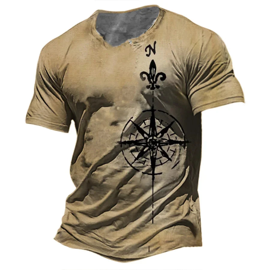Vintage Men's T-shirt Summer American Shirt Tops Compass Printed Short-sleeve Tees Loose Daily Men Clothing Casual Streetwear