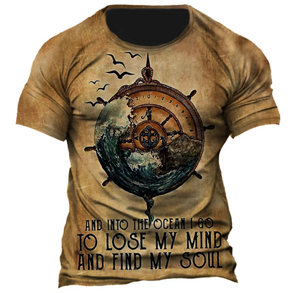 Vintage Men's T-shirt Summer American Shirt Tops Compass Printed Short-sleeve Tees Loose Daily Men Clothing Casual Streetwear