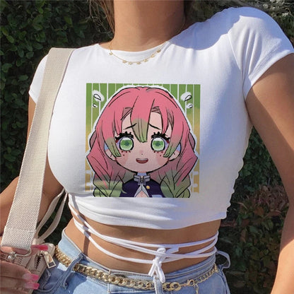 Demon Slayer Anime Prints T-Shirt For Female Loose Tee Shirts Breathable Hip Hop Tops Personality Summer Bandage Y2K T Shirts