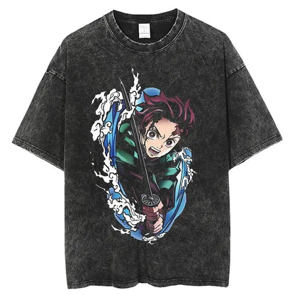 Demon Slayer Ghost Slayer Evil Blade Original Blade Washed Old Loose Cotton 2025 Hot Summer T-Shirt Men's and Women's T-Shirt