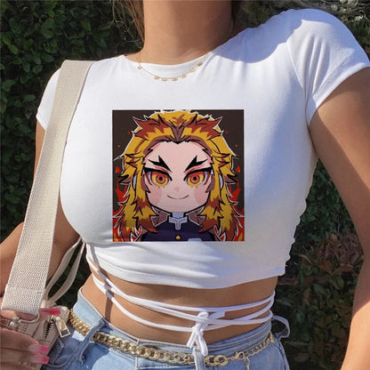 Demon Slayer Anime Prints T-Shirt For Female Loose Tee Shirts Breathable Hip Hop Tops Personality Summer Bandage Y2K T Shirts