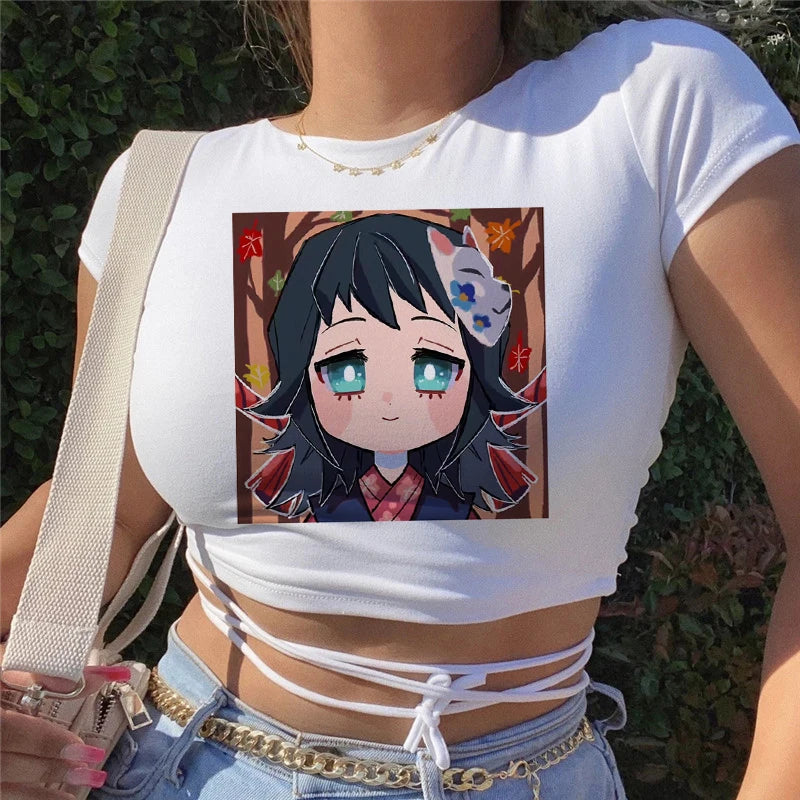 Demon Slayer Anime Prints T-Shirt For Female Loose Tee Shirts Breathable Hip Hop Tops Personality Summer Bandage Y2K T Shirts