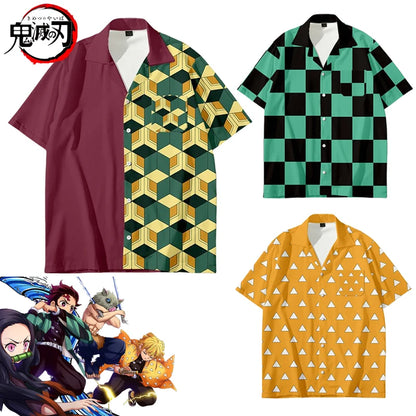 Demon Slayer Button Shirts for Man Women Short-sleeved Top Shirt Anime Tanjirou Zenitsu T-shirts in Summers Casual Lapel Shirts