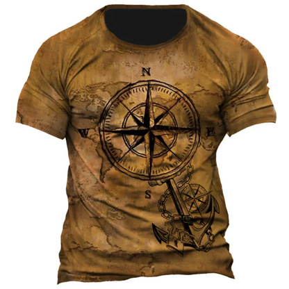 Vintage Men's T-shirt Summer American Shirt Tops Compass Printed Short-sleeve Tees Loose Daily Men Clothing Casual Streetwear